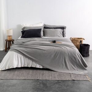 letto matrimoniale accessoriato con cuscini, copripiumino e coperta tutto nei toni del grigio e del nero