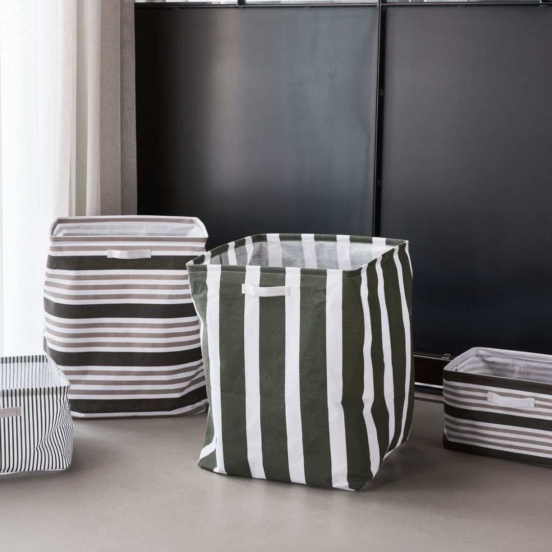 set di cesti in tela di cotone design rigato di colore verde h50