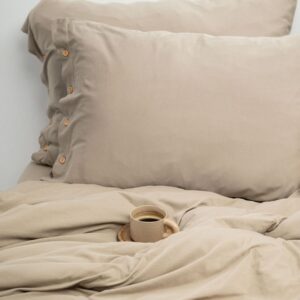 completo letto matrimoniale in jersey di puro cotone completo di sacco porta piumino, federe e lenzuolo con angoli color taupe