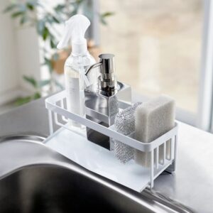 Organizer portaspugne e dispenser sapone per il lavello della cucina in acciaio verniciato bianco con sistema di scolo dell'acqua direttamente nel lavandino