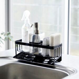 Organizer portaspugne e dispenser sapone per il lavello della cucina in acciaio verniciato nero con sistema di scolo dell'acqua direttamente nel lavandino
