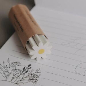 Pratica gomma da cancellare con un design unico a forma di margherita. La gomma è di colore bianco con il pistillo giallo
